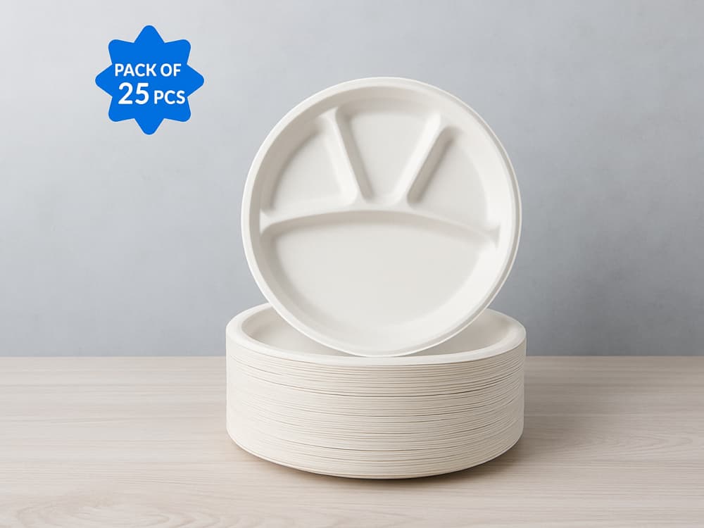 Eco-Friendly 11 Inch Bagasse 4 Compartment Plates | Biodegradable Plates
